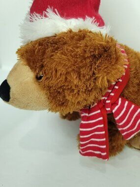 Grizzly Teddy Bear Brown Red Hat Striped Scarf Xmas Plush Stuffed Animal 12"